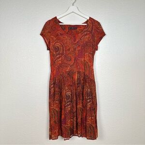 Peruvian Connection Red Orange Paisley Boho Fit & Flare Mini Dress Sz M